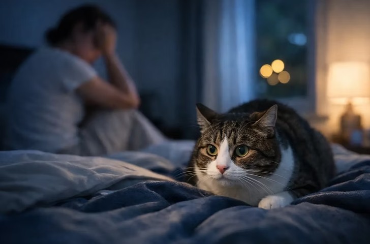 Cat anxiety at night: an indoor cat awake on a bed while an exhausted owner sits in the background, illustrating nighttime feline stress, vocalization, and sleep disruption.